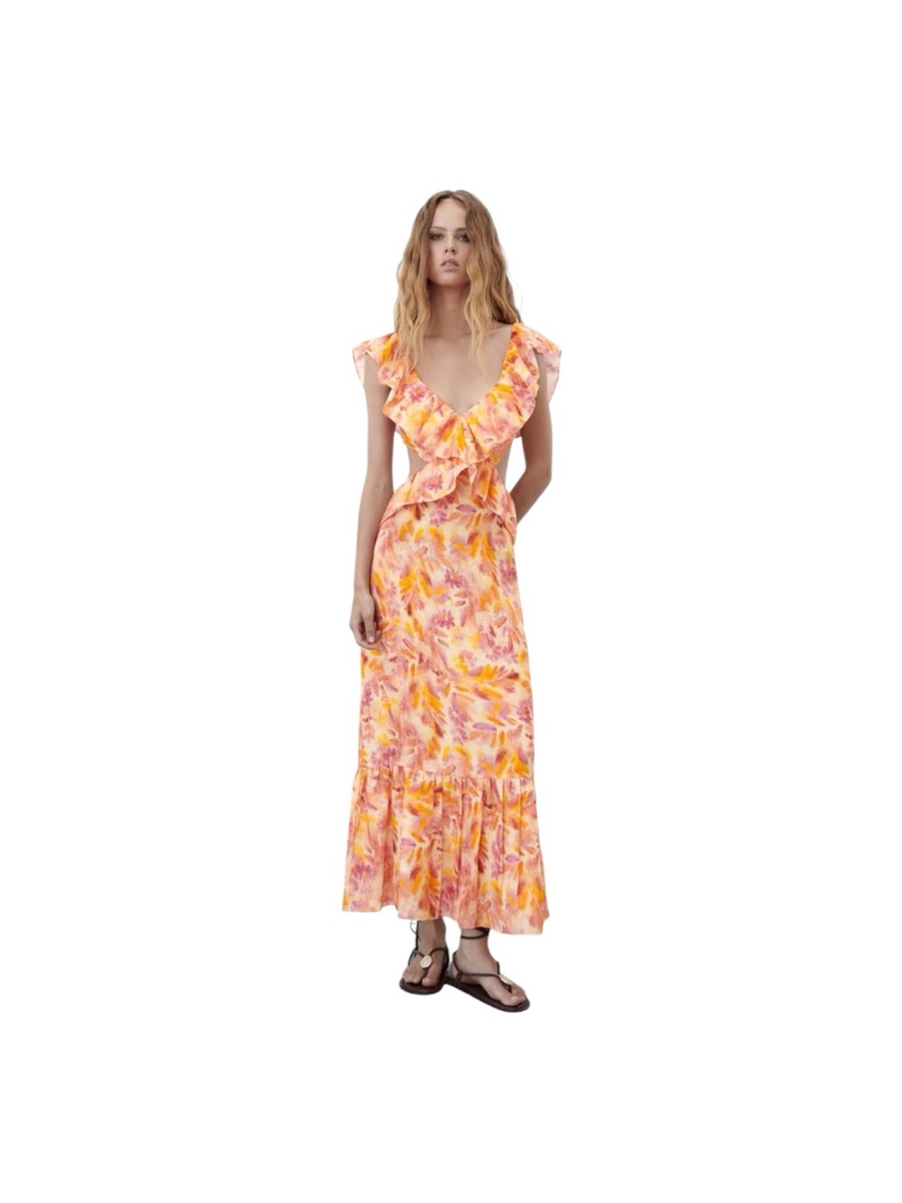 Zara Linen Ruffled Cutout Floral Midi Maxi Dress M